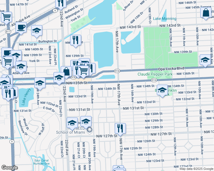 map of restaurants, bars, coffee shops, grocery stores, and more near 1770 Northwest 135th Street in Miami