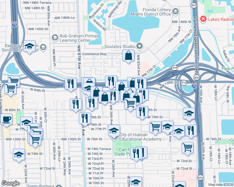 map of restaurants, bars, coffee shops, grocery stores, and more near 1209 West 84th Street in Hialeah