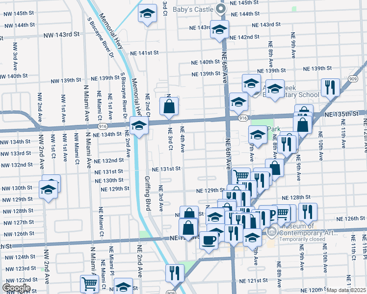 map of restaurants, bars, coffee shops, grocery stores, and more near 13300 Northeast 4th Court in North Miami