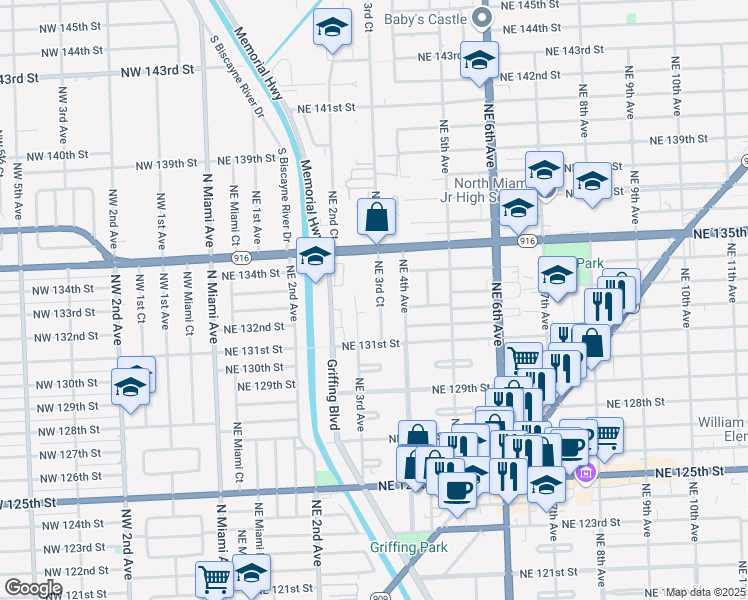 map of restaurants, bars, coffee shops, grocery stores, and more near 13325 Northeast 3rd Court in Miami