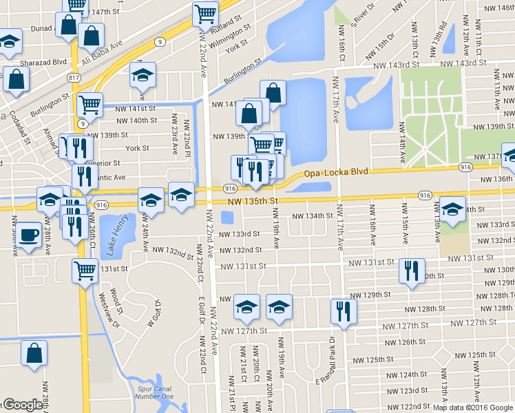 map of restaurants, bars, coffee shops, grocery stores, and more near 1920 Northwest 135th Street in Miami