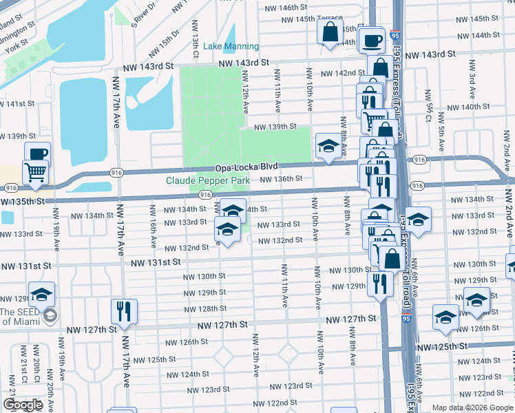 map of restaurants, bars, coffee shops, grocery stores, and more near 1175 Northwest 134th Street in North Miami