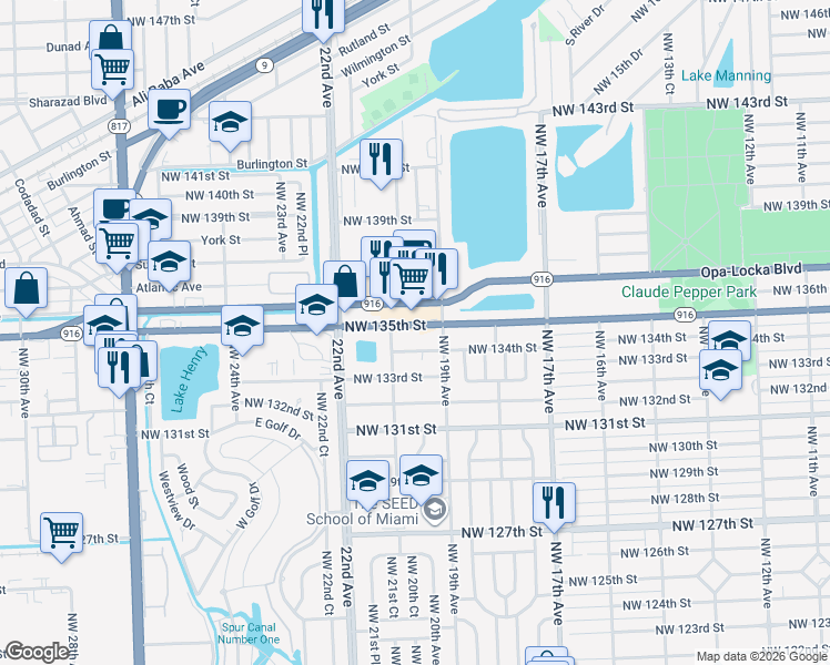 map of restaurants, bars, coffee shops, grocery stores, and more near 1920 Northwest 135th Street in Miami