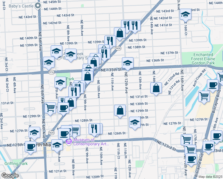 map of restaurants, bars, coffee shops, grocery stores, and more near 13205 Northeast 11th Avenue in North Miami