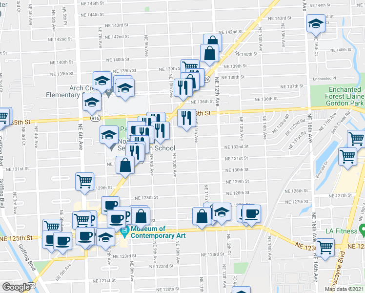 map of restaurants, bars, coffee shops, grocery stores, and more near 1031 Northeast 132nd Street in North Miami