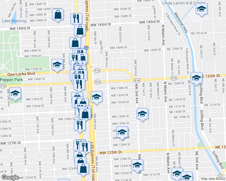 map of restaurants, bars, coffee shops, grocery stores, and more near 460 Northwest 134th Street in North Miami