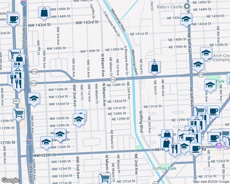 map of restaurants, bars, coffee shops, grocery stores, and more near 80 Northeast 133rd Street in North Miami