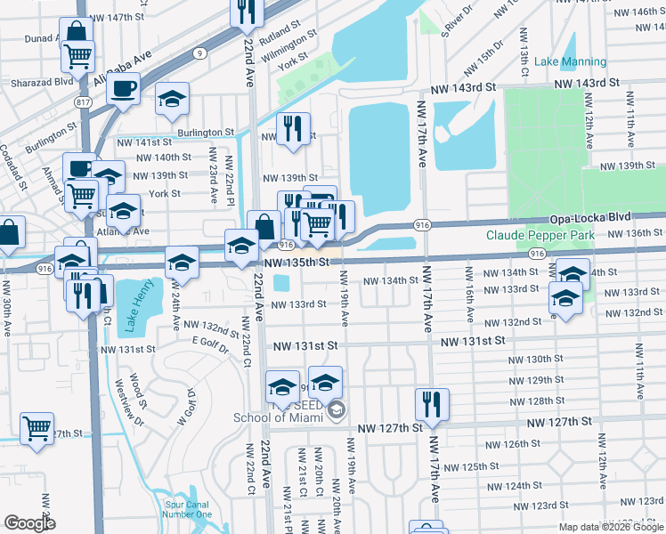 map of restaurants, bars, coffee shops, grocery stores, and more near 1920 Northwest 135th Street in Miami