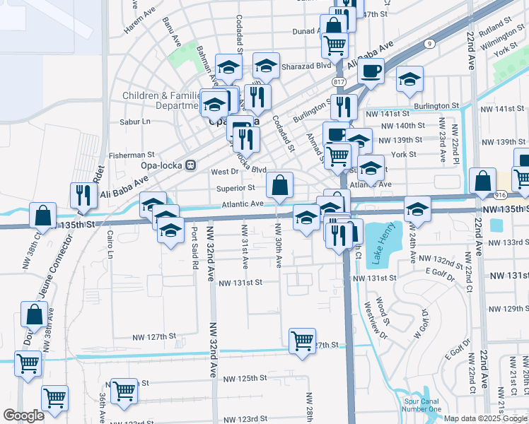 map of restaurants, bars, coffee shops, grocery stores, and more near 2931 Northwest 135th Street in Opa-locka