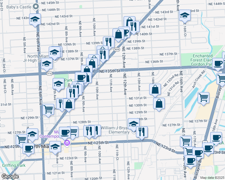 map of restaurants, bars, coffee shops, grocery stores, and more near 13205 Northeast 11th Avenue in North Miami