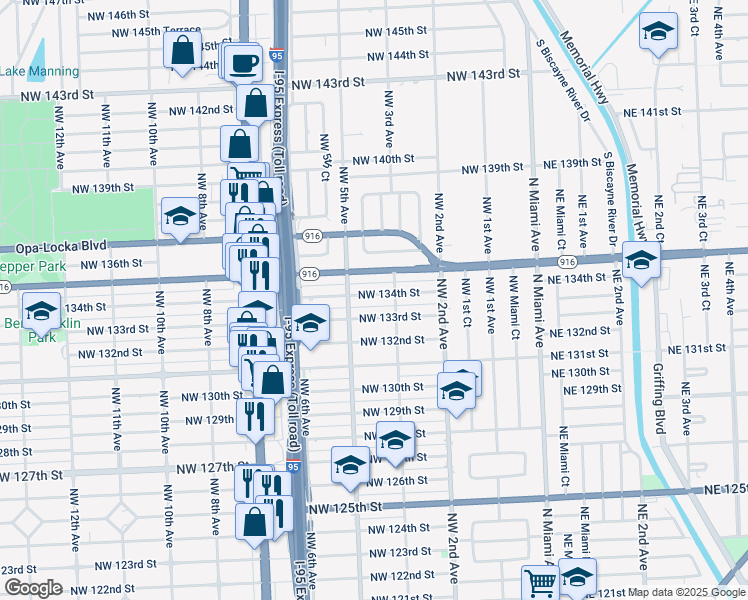 map of restaurants, bars, coffee shops, grocery stores, and more near 460 Northwest 134th Street in North Miami