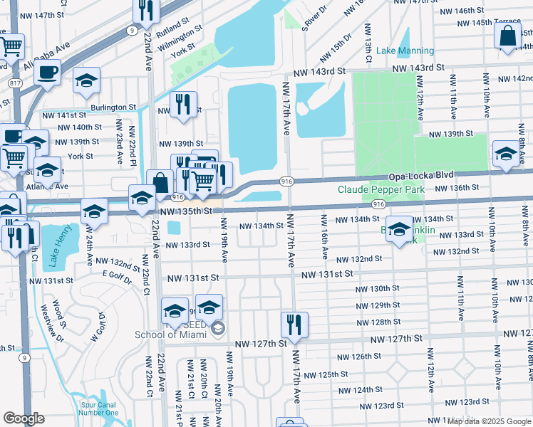 map of restaurants, bars, coffee shops, grocery stores, and more near 1770 Northwest 135th Street in Miami