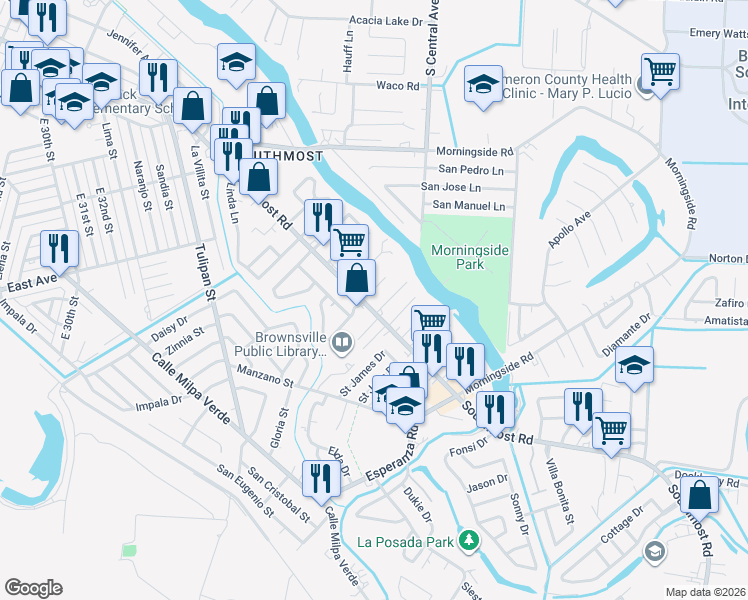 map of restaurants, bars, coffee shops, grocery stores, and more near 1800 Palmas Verdes Court in Brownsville