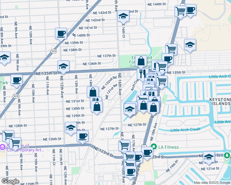 map of restaurants, bars, coffee shops, grocery stores, and more near 1563 Northeast 131st Lane in North Miami