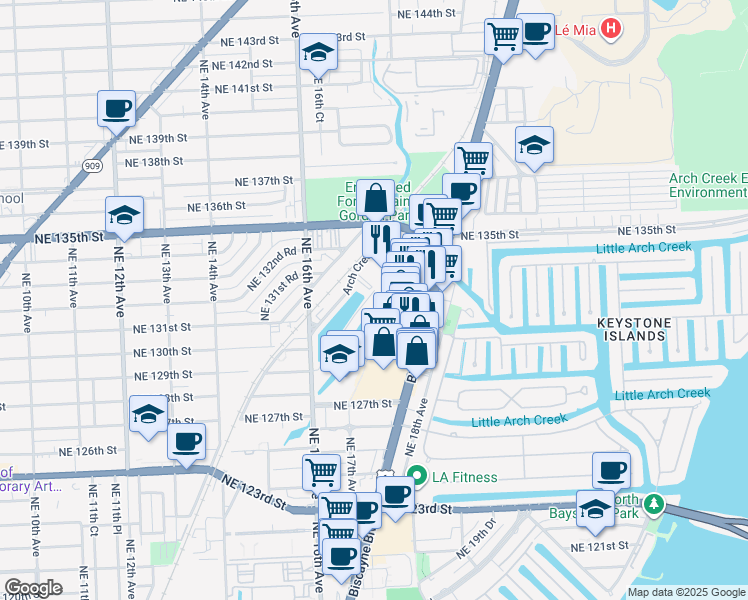 map of restaurants, bars, coffee shops, grocery stores, and more near 13176 Emerald Drive in North Miami