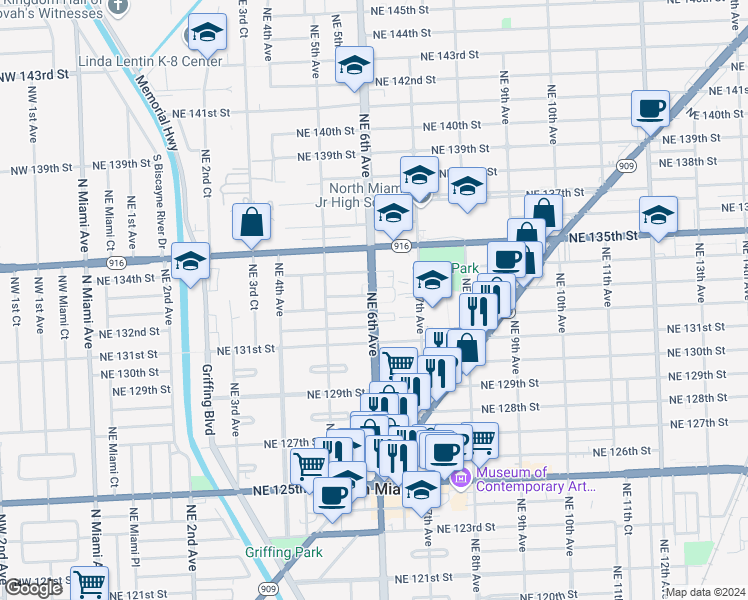 map of restaurants, bars, coffee shops, grocery stores, and more near in North Miami
