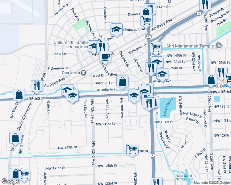 map of restaurants, bars, coffee shops, grocery stores, and more near 2931 Northwest 135th Street in Opa-locka