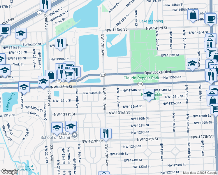 map of restaurants, bars, coffee shops, grocery stores, and more near 1660 Northwest 135th Street in Miami