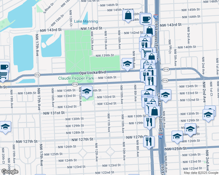 map of restaurants, bars, coffee shops, grocery stores, and more near 13425 Northwest 11th Avenue in North Miami