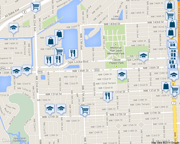 map of restaurants, bars, coffee shops, grocery stores, and more near 1620 Northwest 135th Street in North Miami