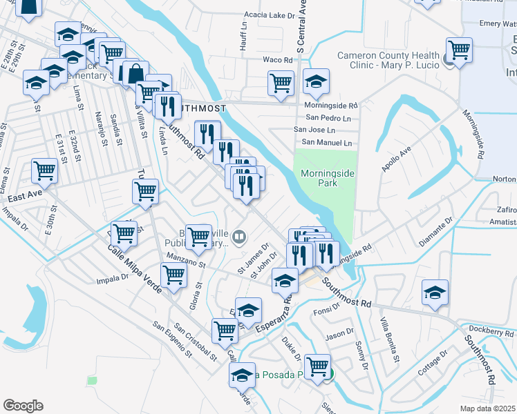 map of restaurants, bars, coffee shops, grocery stores, and more near 1800 Palmas Verdes Court in Brownsville