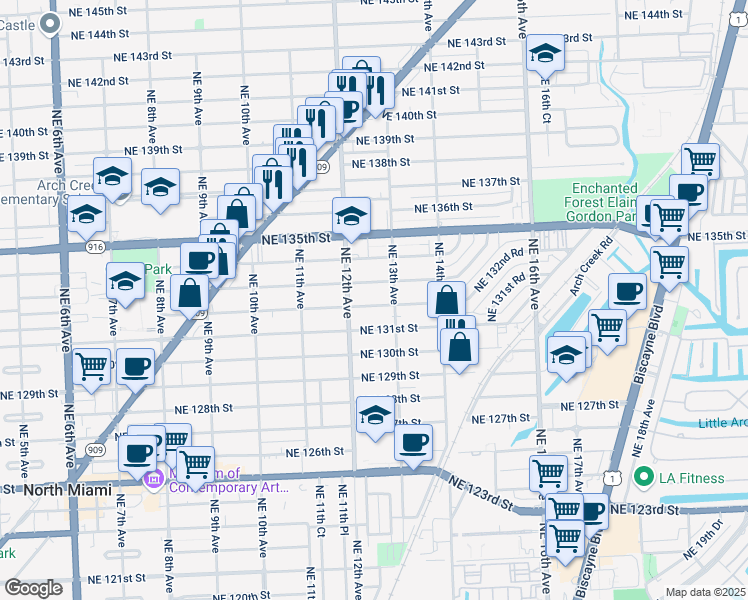 map of restaurants, bars, coffee shops, grocery stores, and more near 1241 Northeast 132nd Street in North Miami