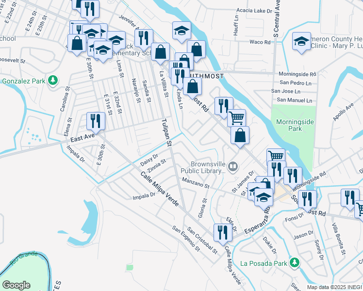 map of restaurants, bars, coffee shops, grocery stores, and more near 44 Olmito Street in Brownsville