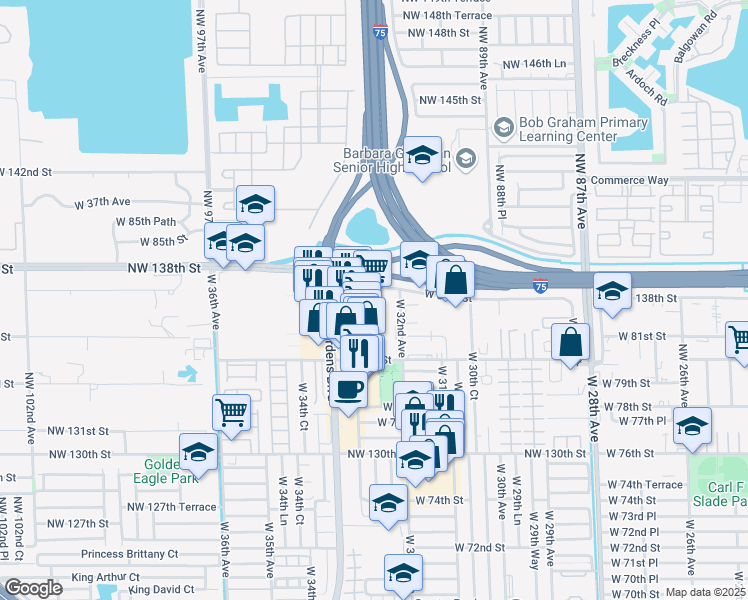 map of restaurants, bars, coffee shops, grocery stores, and more near 3200 West 84th Street in Hialeah