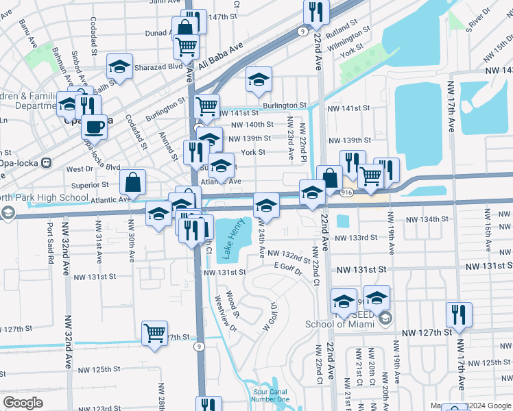 map of restaurants, bars, coffee shops, grocery stores, and more near 2407 Northwest 135th Street in Miami