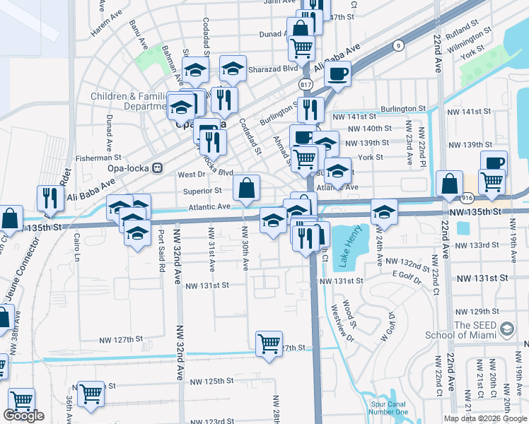 map of restaurants, bars, coffee shops, grocery stores, and more near 2861 Northwest 135th Street in Opa-locka