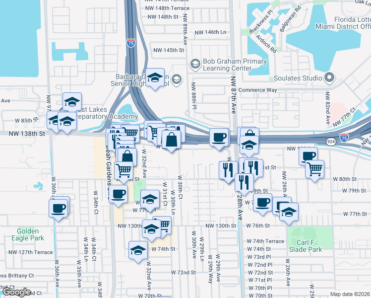 map of restaurants, bars, coffee shops, grocery stores, and more near 3000 West 84th Street in Hialeah