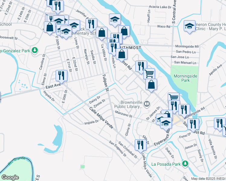 map of restaurants, bars, coffee shops, grocery stores, and more near 44 Olmito Street in Brownsville