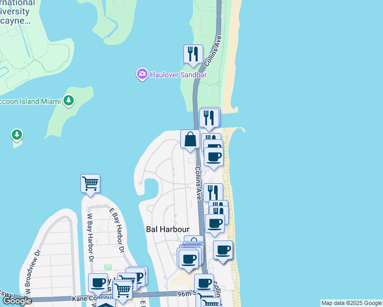 map of restaurants, bars, coffee shops, grocery stores, and more near 268 Park Drive in Bal Harbour