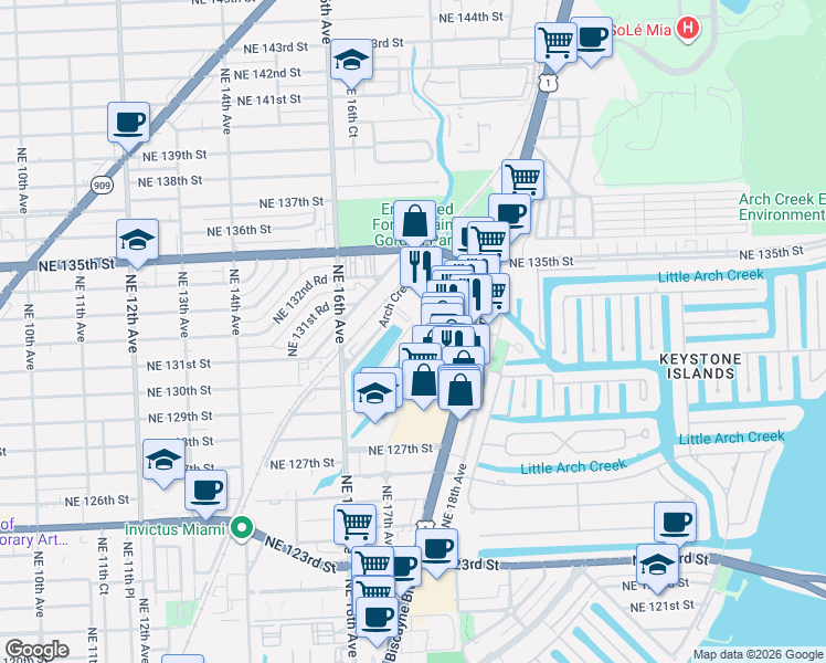 map of restaurants, bars, coffee shops, grocery stores, and more near 13176 Emerald Drive in North Miami