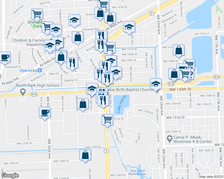 map of restaurants, bars, coffee shops, grocery stores, and more near 2621 Northwest 135th Street in Miami