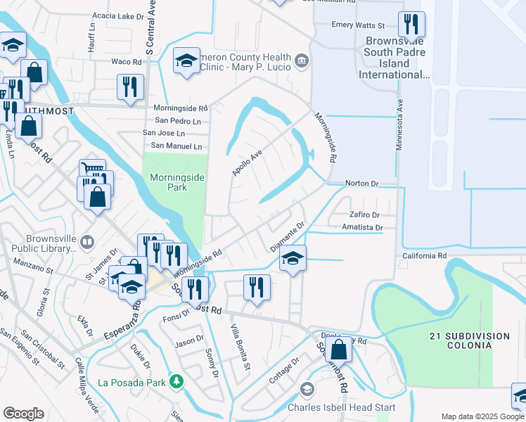 map of restaurants, bars, coffee shops, grocery stores, and more near 1894 Morningside Road in Brownsville