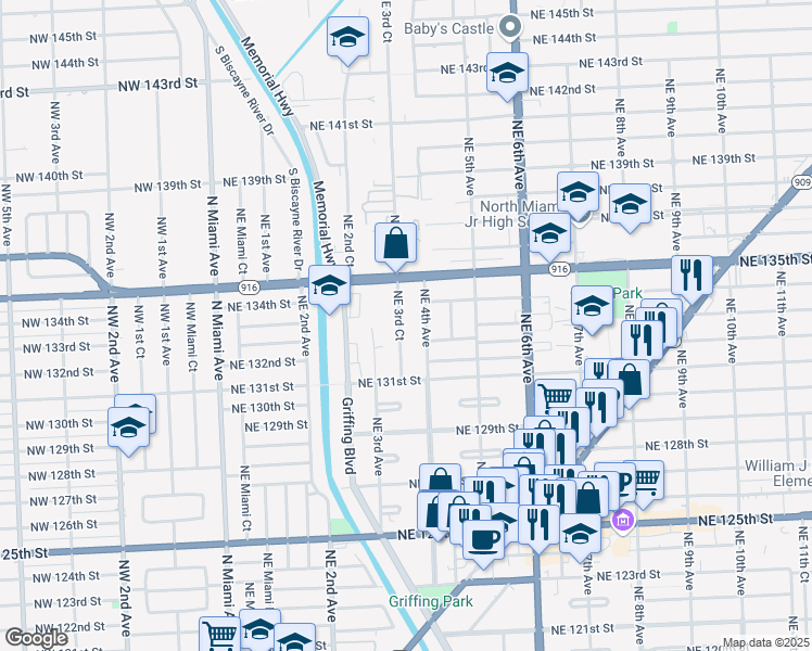 map of restaurants, bars, coffee shops, grocery stores, and more near 13325 Northeast 3rd Court in Miami