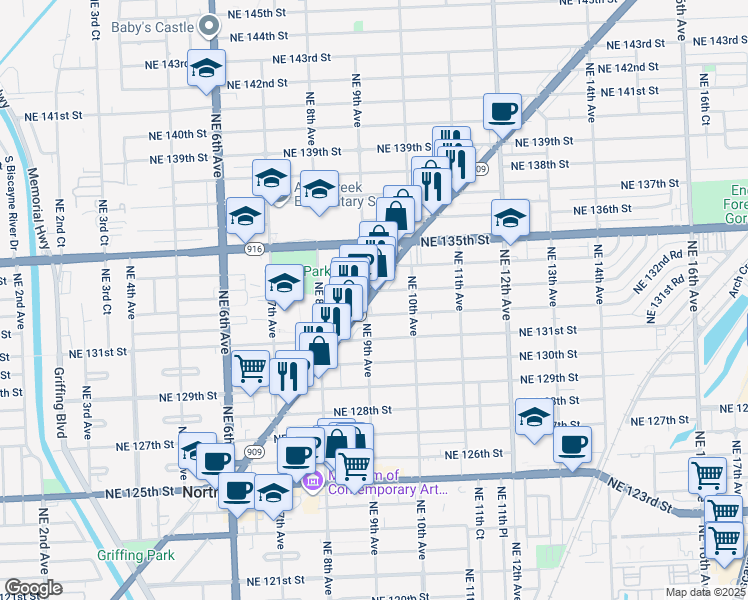 map of restaurants, bars, coffee shops, grocery stores, and more near in North Miami