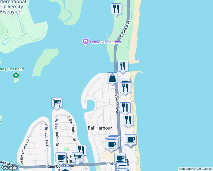 map of restaurants, bars, coffee shops, grocery stores, and more near 268 Park Drive in Bal Harbour
