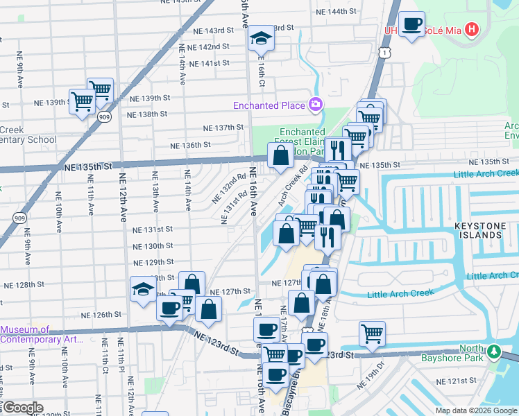map of restaurants, bars, coffee shops, grocery stores, and more near 13201 Northeast 16th Avenue in North Miami