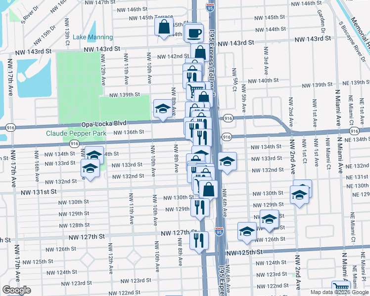 map of restaurants, bars, coffee shops, grocery stores, and more near 745 Northwest 134th Street in North Miami