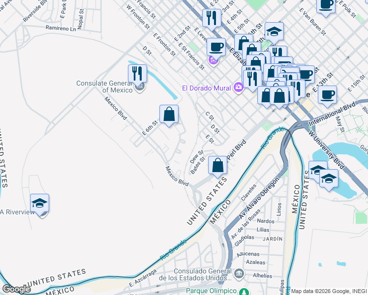 map of restaurants, bars, coffee shops, grocery stores, and more near 45 Dew Street in Brownsville
