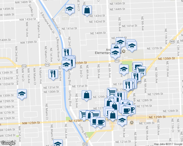map of restaurants, bars, coffee shops, grocery stores, and more near 13300 Northeast 4th Court in North Miami