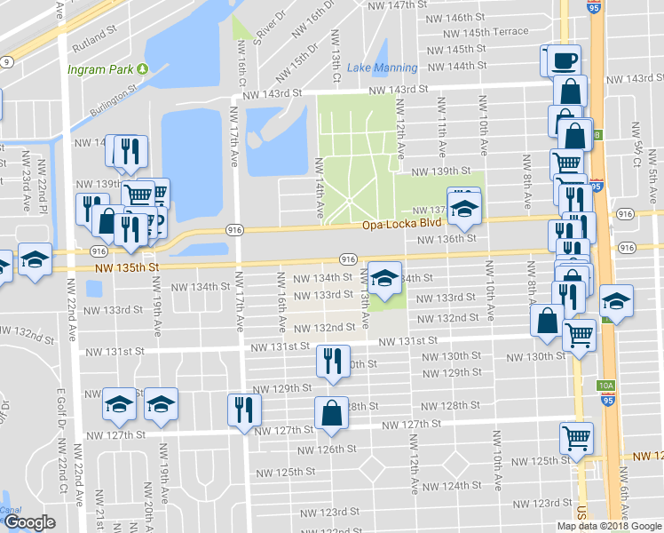 map of restaurants, bars, coffee shops, grocery stores, and more near 1360 Northwest 135th Street in North Miami