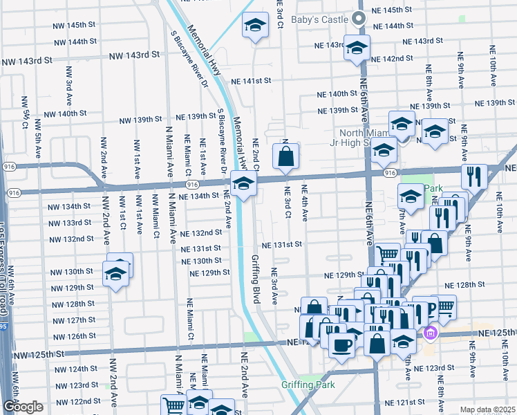 map of restaurants, bars, coffee shops, grocery stores, and more near 13301 Memorial Highway in Miami
