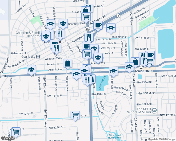 map of restaurants, bars, coffee shops, grocery stores, and more near in Opa-locka