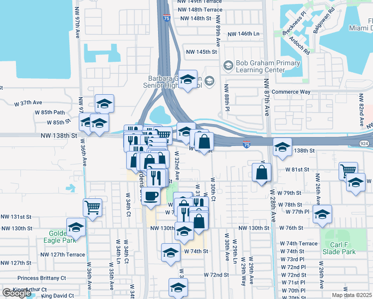 map of restaurants, bars, coffee shops, grocery stores, and more near 3140 Graham Dairy Road in Hialeah