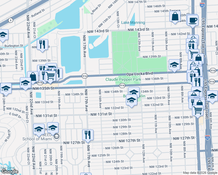 map of restaurants, bars, coffee shops, grocery stores, and more near 1540 Northwest 135th Street in North Miami