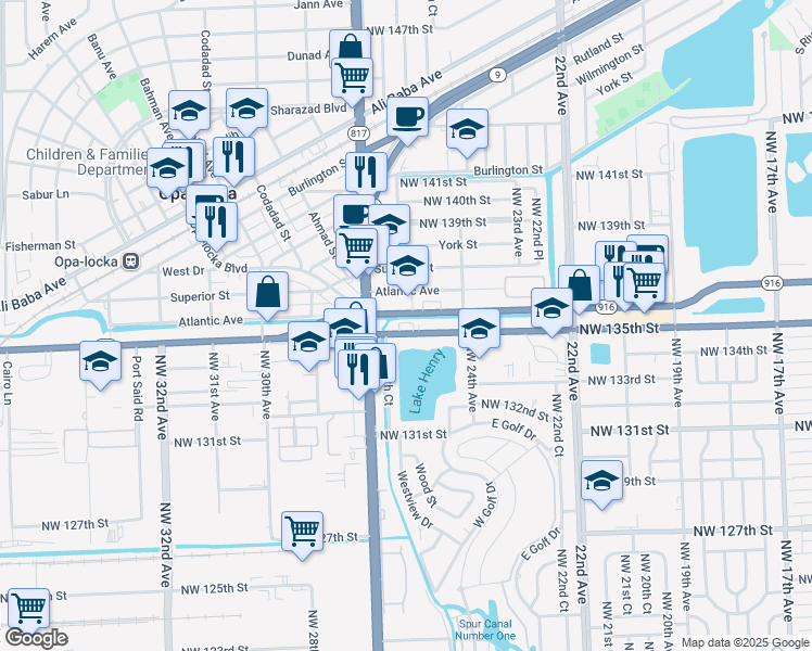 map of restaurants, bars, coffee shops, grocery stores, and more near 2621 Northwest 135th Street in Miami