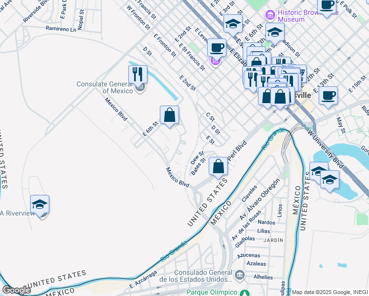 map of restaurants, bars, coffee shops, grocery stores, and more near 45 Dew Street in Brownsville